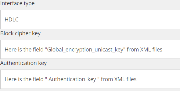 Kommunikationseinstellungen im Reduxi Configurator: Interface type HDLC, Block cipher key, Authentication key