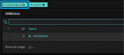 Stránka Locations and Groups v aplikácii Reduxi Cloud so zvýrazneným tlačidlom + Location group, jeden riadok All locations