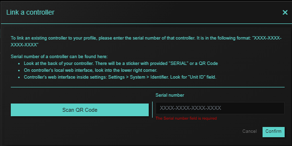 Dialógové okno Link a controller v aplikácii Reduxi Cloud s tlačidlom Scan QR Code a poľom Serial number