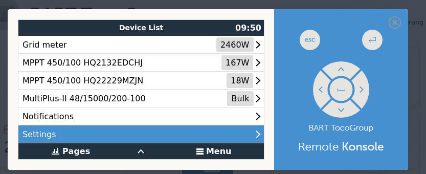 Device List of the Victron GX device with the Settings entry selected