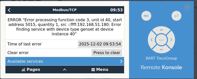 Modbus/TCP page of the Victron GX device with the Available services entry