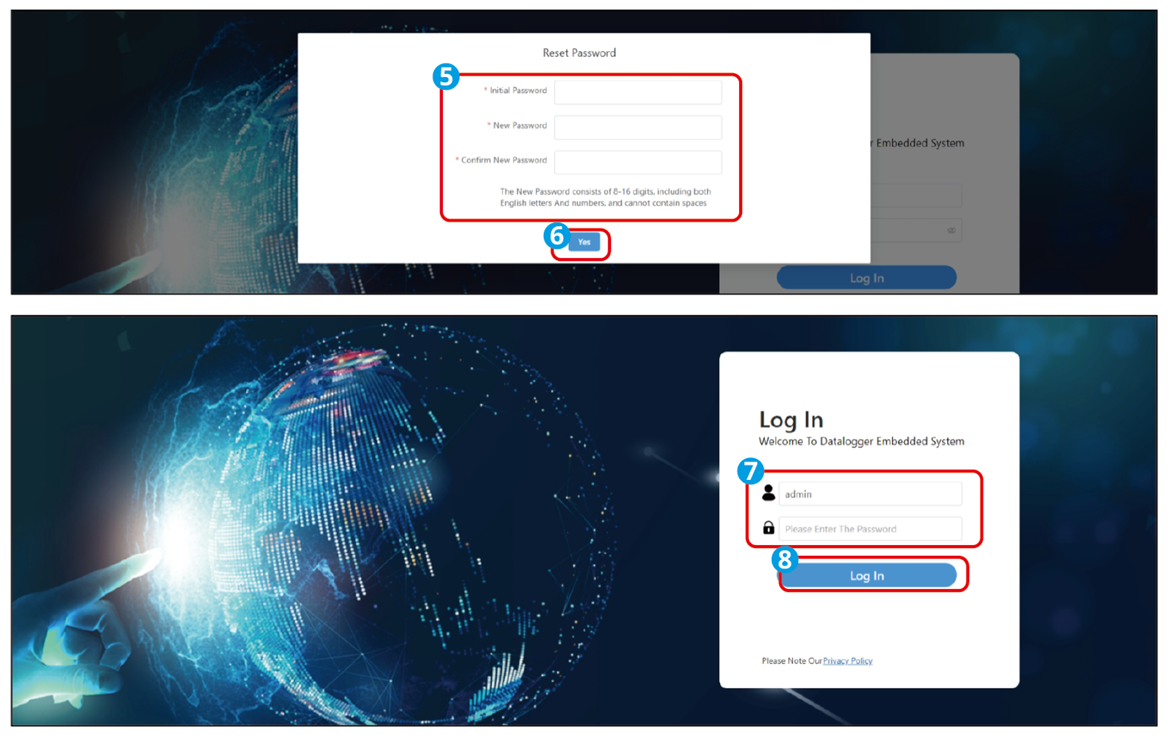 Dialog to reset the password and login with the new password