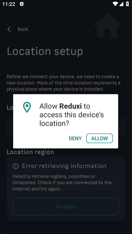 Android-Dialog Allow Reduxi to access this device's location über dem Bildschirm Location setup