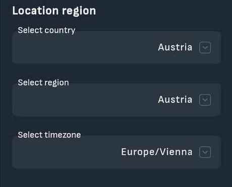 Location region in der Reduxi App: Land Austria, Region Austria, Zeitzone Europe/Vienna