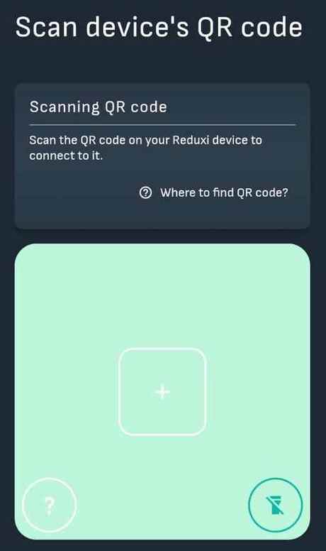 Bildschirm Scan device's QR code der Reduxi App mit Kamerabereich und dem Link Where to find QR code