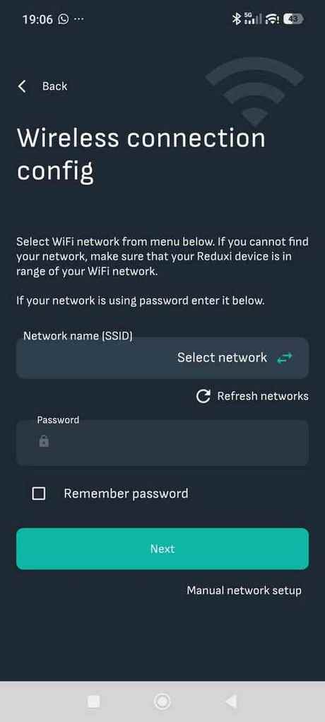 Reduxi app Wireless connection config: Select network, Passwortfeld, Remember password, Next, Manual network setup