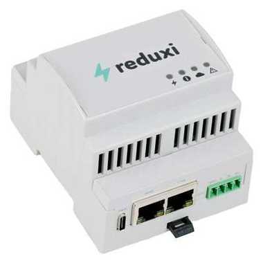 Foto des Reduxi-Controller-Hutschienenmoduls, hellgraues Gehäuse mit zwei Ethernet-Anschlüssen