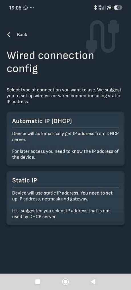Reduxi app Wired connection config: Karten Automatic IP (DHCP) und Static IP