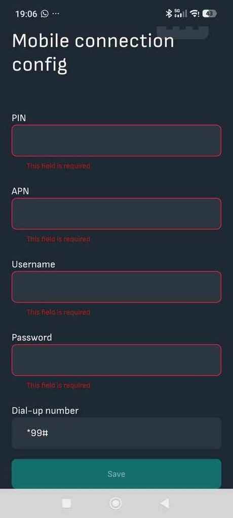 Formular Mobile connection config der Reduxi App: PIN, APN, Username, Password erforderlich; Einwahlnummer *99#