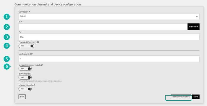Kommunikationseinstellungen im Reduxi Configurator: TCP/IP, Port 502, Modbus unit ID 1, Test communication