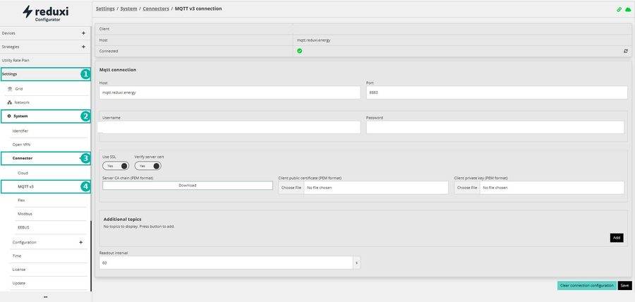 MQTT-v3-Verbindungseinstellungen im Reduxi Configurator: Host mqtt.reduxi.energy, Port 8883, SSL ein, Ausleseintervall 60 s