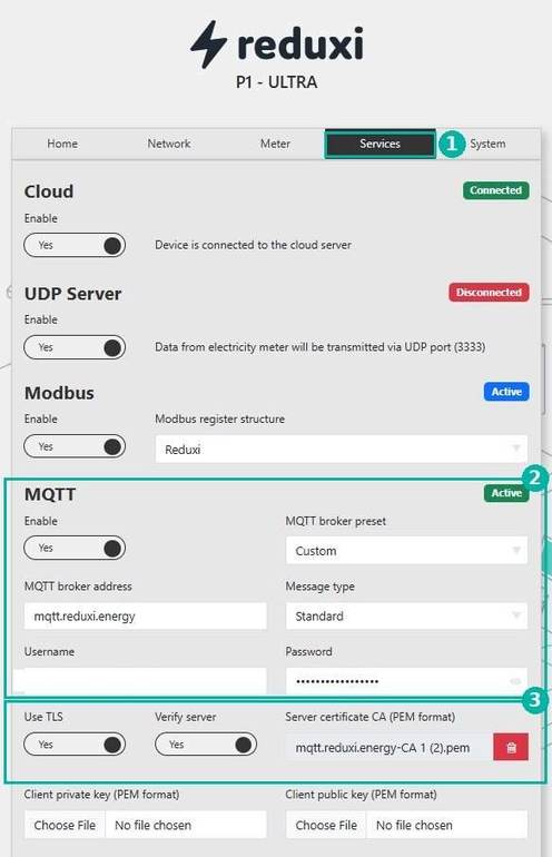 Tab Services des P1 Ultra: MQTT aktiv, Broker mqtt.reduxi.energy, Preset Custom, TLS ein, CA-Datei geladen