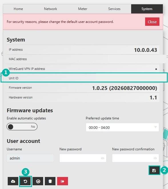 Tab System des P1 Ultra: Zeile Unit ID hervorgehoben, Firmware 1.0.25, Schaltflächen zum Speichern und Neu laden markiert