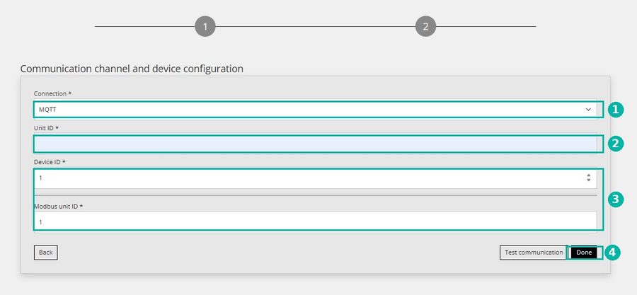 Schritt 2 des Geräteassistenten im Reduxi Configurator: Connection MQTT, leere Unit ID, Device ID 1, Modbus unit ID 1