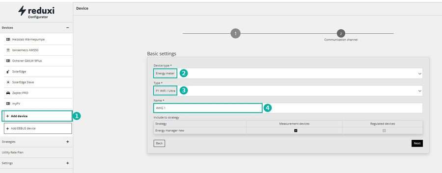 Add device im Reduxi Configurator, Basic settings: Typ Energy meter, P1 WiFi / Ultra, Name WHG 1