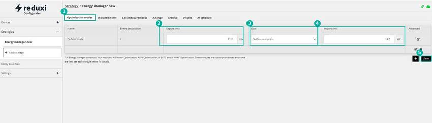 Optimization modes im Reduxi Configurator: Export limit 11.2 kW, Self-consumption, Import limit 14.0 kW