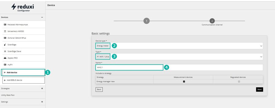 Add device im Reduxi Configurator, Basic settings: Typ Energy meter, P1 WiFi / Ultra, Name WHG 1