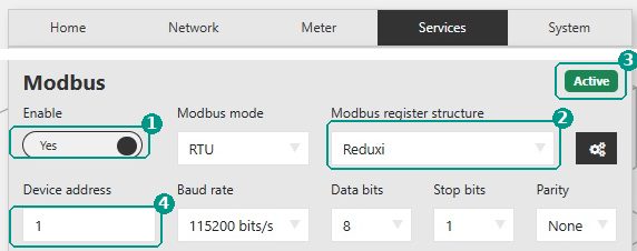Services des P1 Ultra, Modbus: aktiviert, RTU, Registerstruktur Reduxi, Adresse 1, 115200 bits/s, 8N1