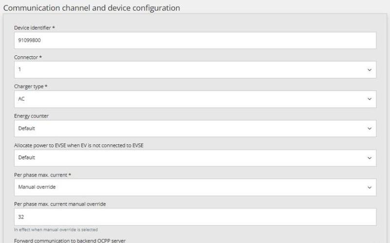 Reduxi Configurator charger settings: device identifier 91099800, connector 1, type AC, 32 A override