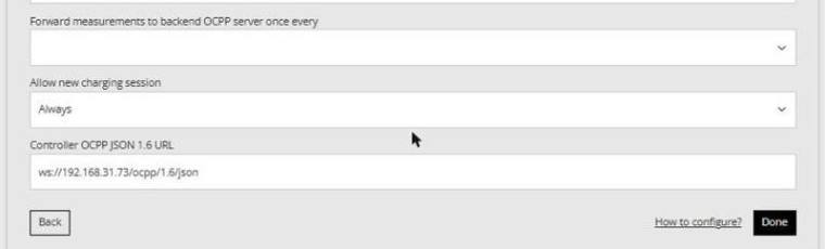 Reduxi Configurator OCPP settings: Allow new charging session Always, Controller OCPP JSON 1.6 URL