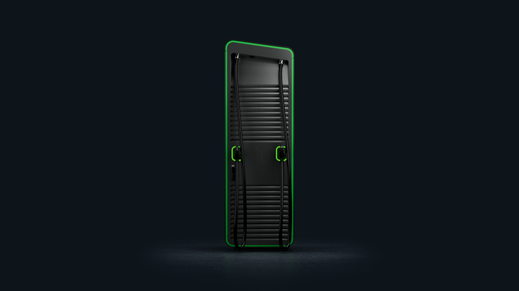 Alpitronic Hypercharger tall black DC fast charger with green outline on a dark background