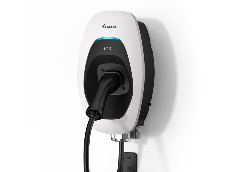 Delta AC MAX wall-mounted EV charger with charging cable plugged in