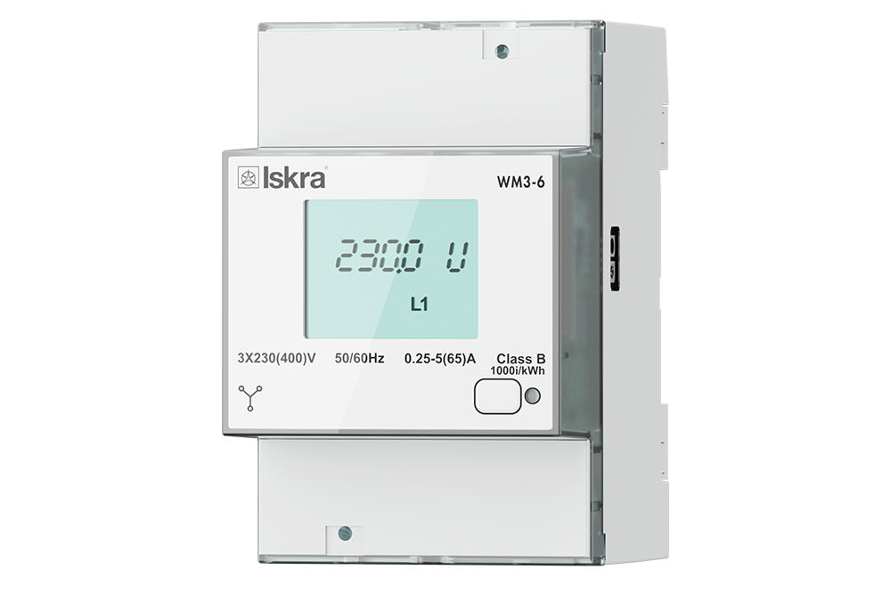 Iskra WM3-6 energy meter, display shows 230.0 V on L1