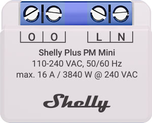 Shelly Plus PM Mini module, terminals O, O, L, N and 110-240 VAC rating