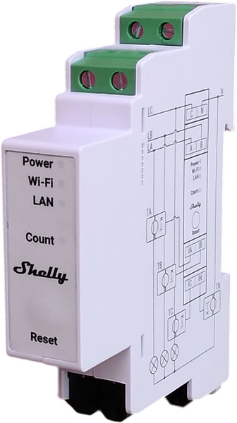 Shelly Pro 3EM DIN-rail module with Power, Wi-Fi, LAN, Count LEDs and Reset label