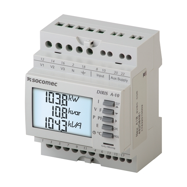 Socomec DIRIS A-10 multifunction meter, display shows kW, kvar and kVA values