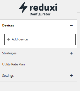 Reduxi Configurator left menu with the Add device button under Devices