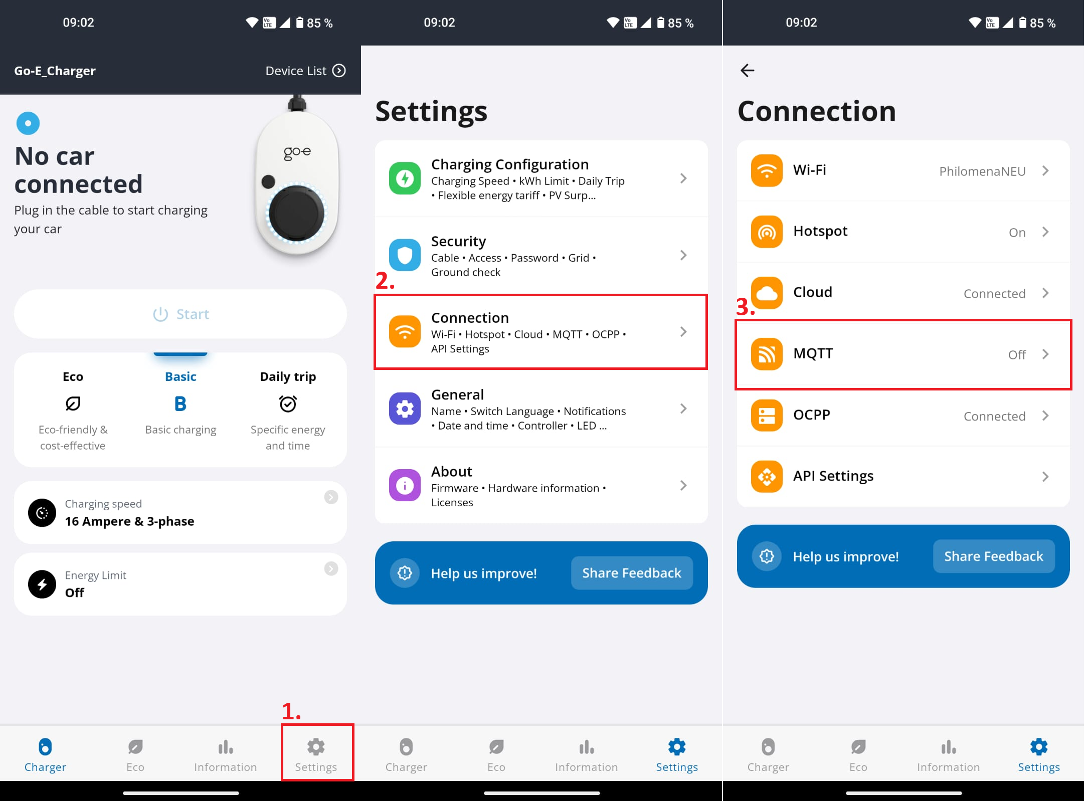 Aplikácia go-e: Settings (1), Connection (2), MQTT (3), MQTT je momentálne Off