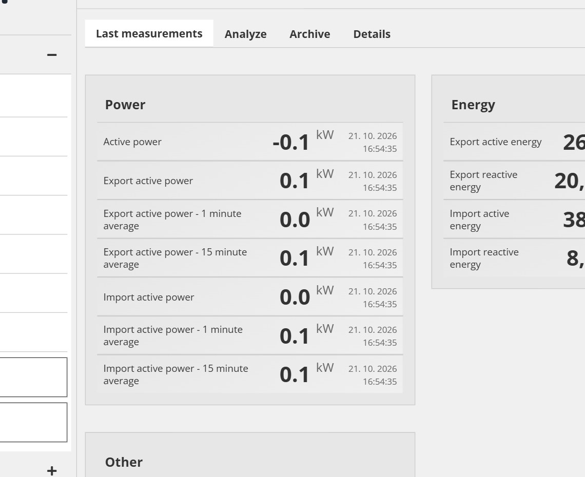 Last measurements, Feld Power: Wirkleistung -0.1 kW, Export- und Importleistung mit Durchschnittswerten