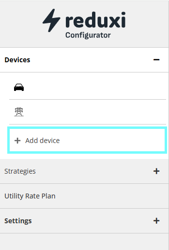 Menü des Reduxi Configurator mit hervorgehobener Schaltfläche Add device unter Devices