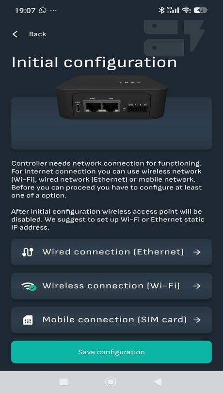 Reduxi App Initial configuration: Wi-Fi mit grünem Häkchen markiert, Schaltfläche Save configuration
