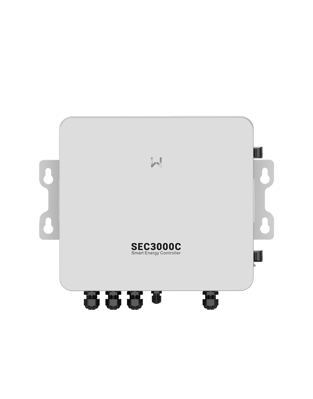 Foto des GoodWe SEC3000C Smart Energy Controller: graue Wandmontage-Box mit Kabelverschraubungen an der Unterseite