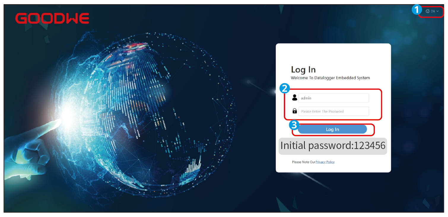 Anmeldeseite des GoodWe SEC3000C: Benutzer admin, Passwortfeld, Schaltfläche Log In, Hinweis zum Initialpasswort
