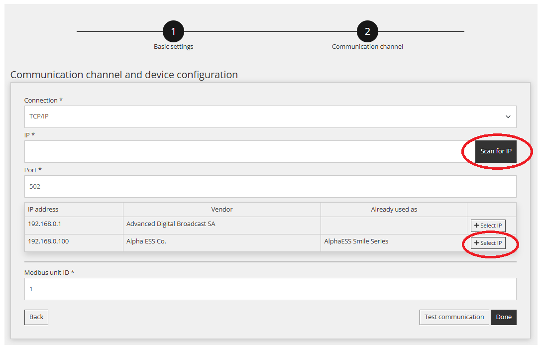 Kommunikation der AlphaESS im Reduxi Configurator: Scan for IP und Select IP eingekreist, Port 502, Modbus unit ID 1