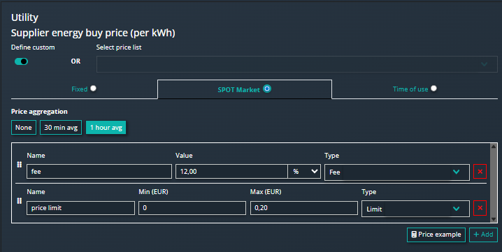 Reduxi Cloud Utility, Energiebezugspreis des Lieferanten: SPOT Market, 1 hour avg, fee 12,00 %, price limit 0 bis 0,20 EUR
