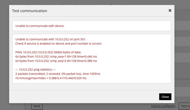 Test communication im Reduxi Configurator fehlgeschlagen: Port 501, Gerät 10.0.0.252 per Ping erreichbar