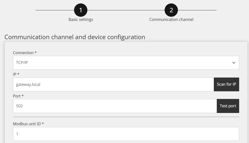 Reduxi Configurator, Kommunikationskanal Teil 1: TCP/IP, IP gateway.local, Port 502, Modbus-Unit-ID 1
