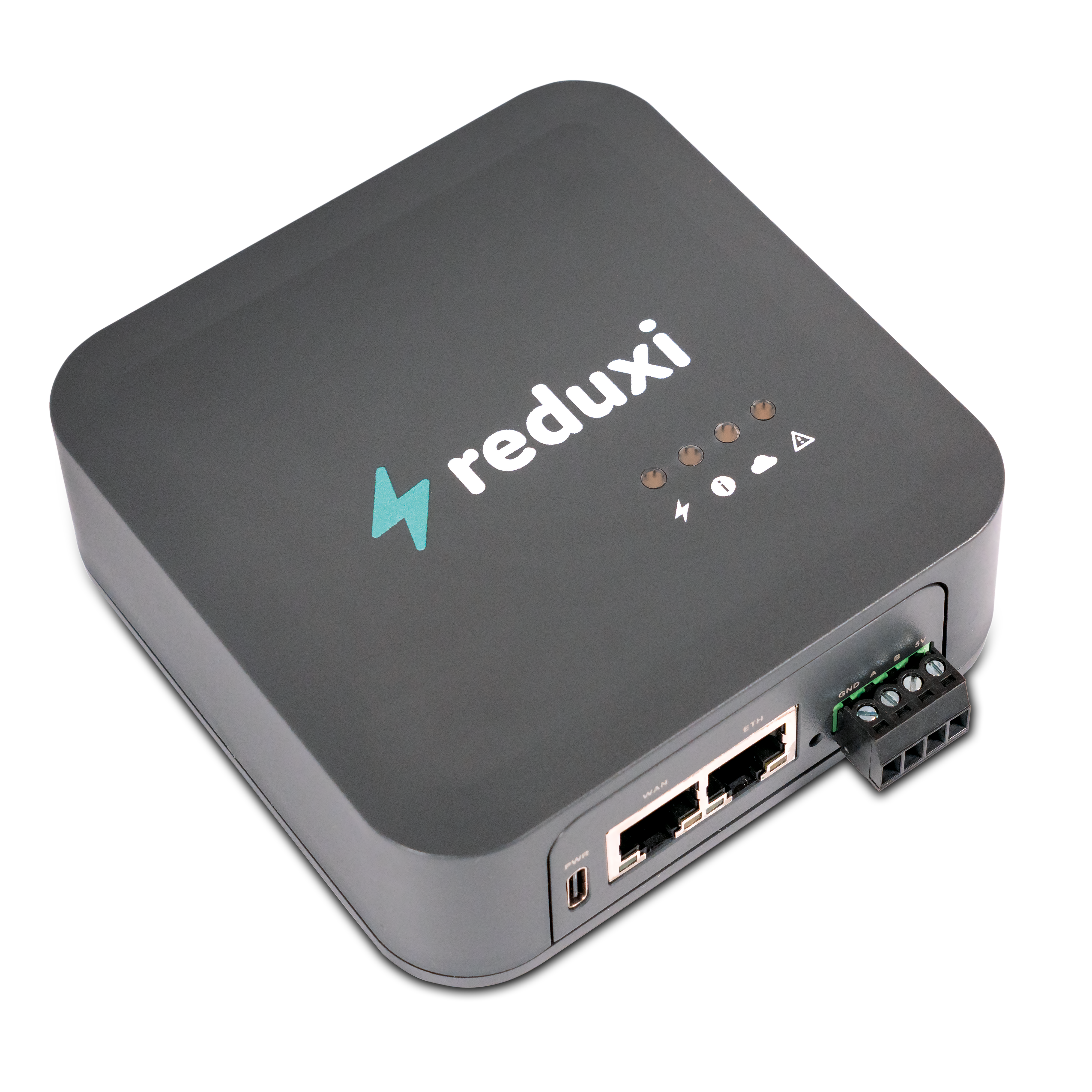 Foto des dunkelgrauen, quadratischen Reduxi Controllers mit abgerundeten Ecken, zwei RJ45-Anschlüssen und Klemmenblock