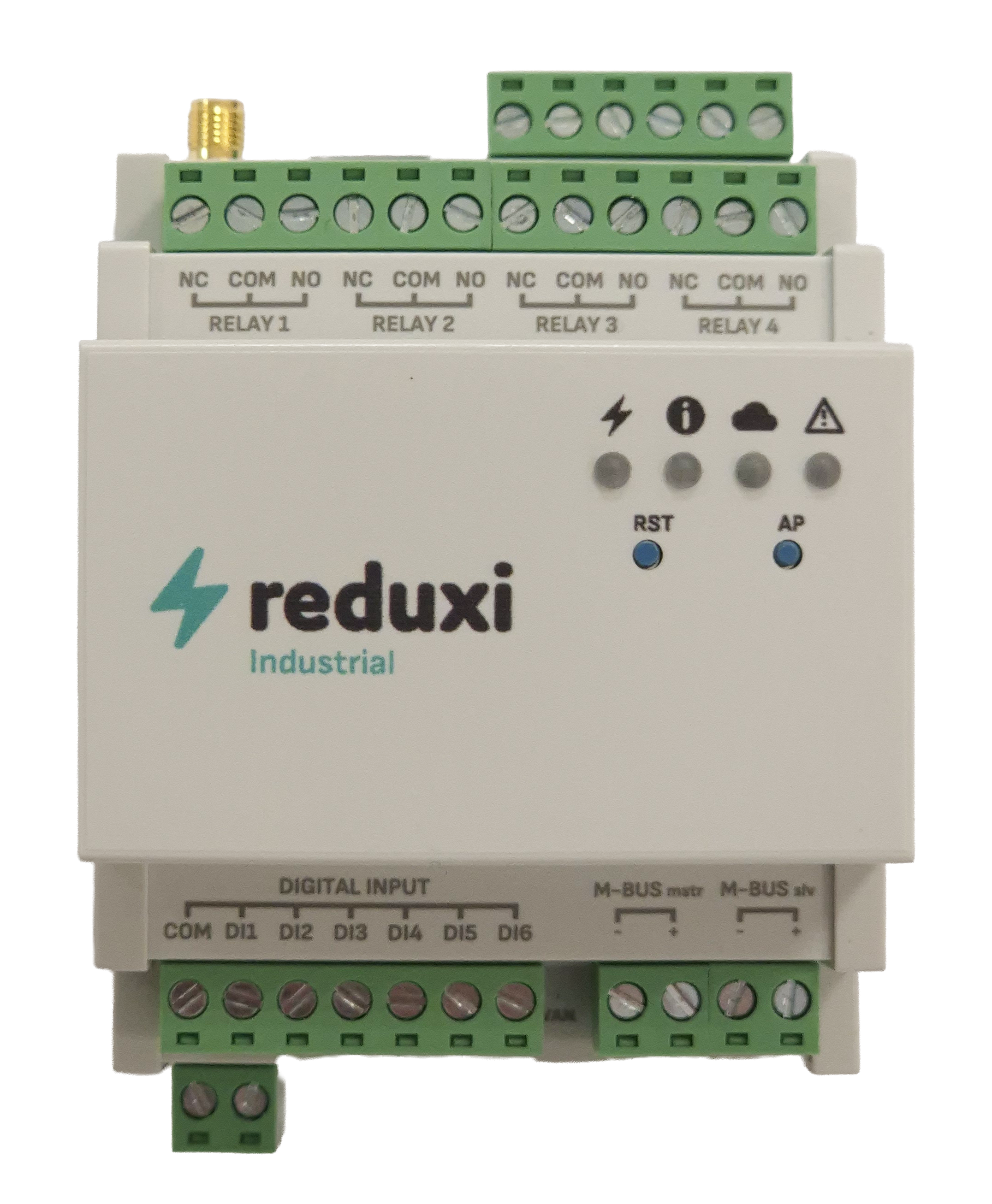 Foto des Reduxi-Industrial-Hutschienen-Controllers: Relais 1-4, digitale Eingänge DI1-DI6, M-BUS, RST und AP