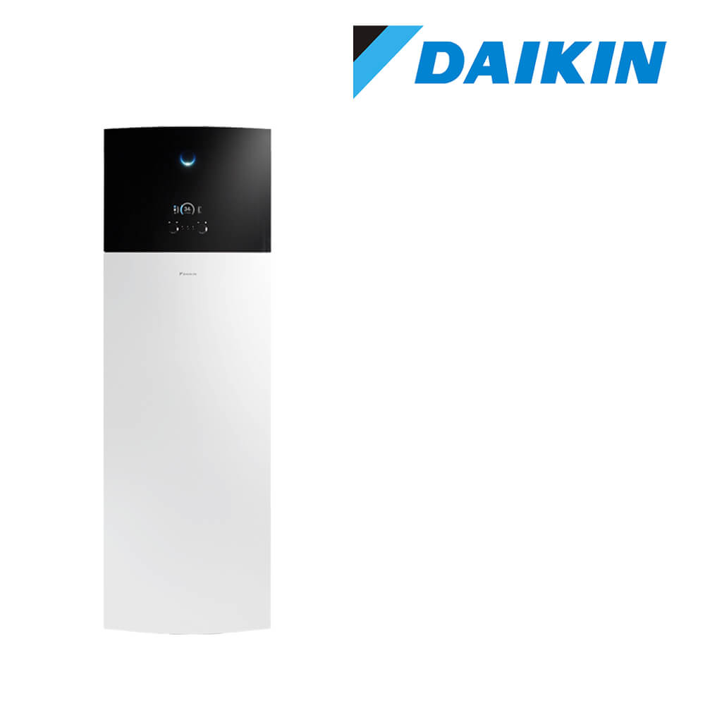 Abbildung eines Innengeräts Daikin Altherma 3 R, weißes Gehäuse mit schwarzem Bedienfeld, DAIKIN-Logo