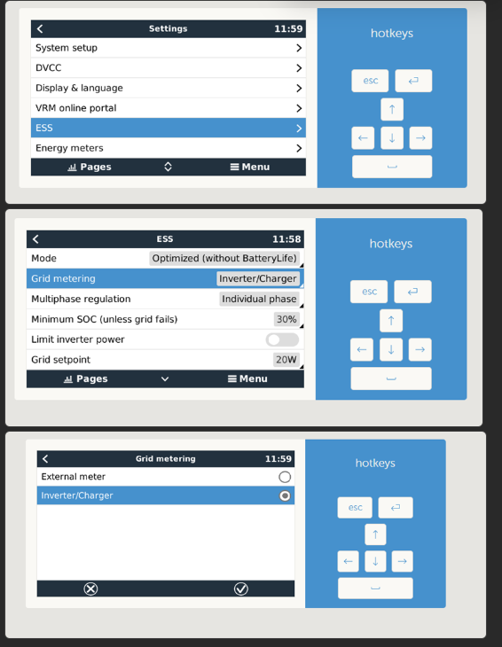 Victron GX: Settings, Seite ESS mit ausgewähltem Grid metering Inverter/Charger