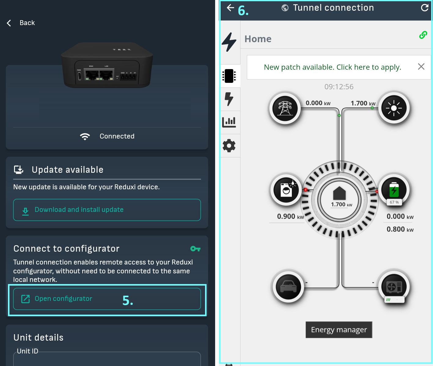 Reduxi App, Schaltfläche Open configurator (Schritt 5) und Startseite des Reduxi Configurators über die Tunnelverbindung (Schritt 6)