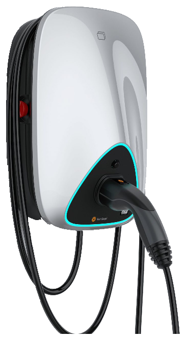 StarCharge Aurora AC Wallbox, weißes Gehäuse mit türkisem Lichtring und schwarzem Kabel