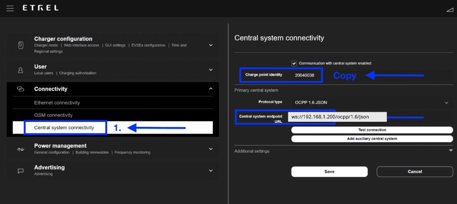 ETREL-sidan Central system connectivity: charge point identity 20040038, endpoint ws://192.168.1.200/ocpp/1.6/json