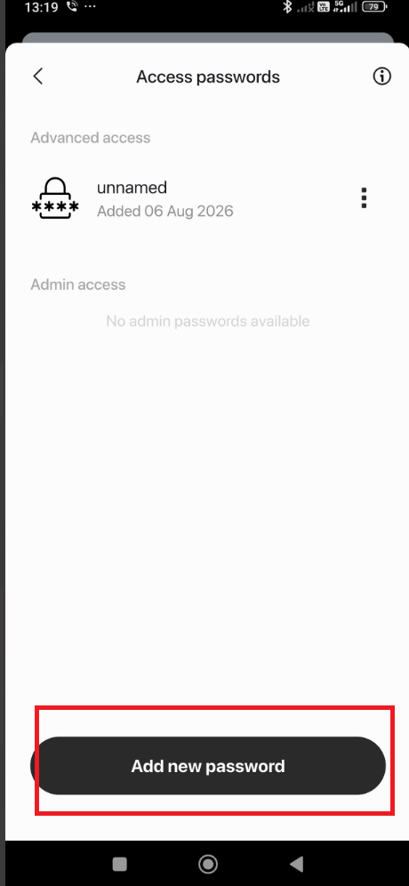 Skärmen Access passwords i appen INCH Core med knappen Add new password markerad i rött