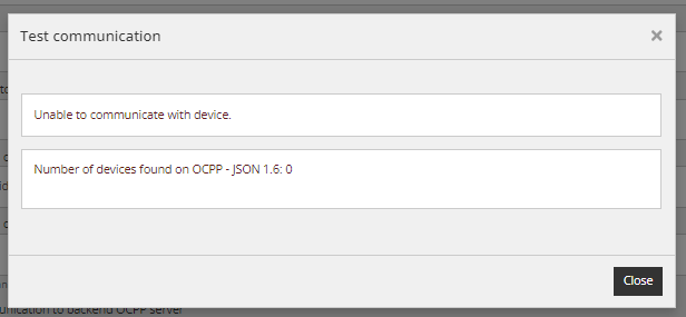 Dialogrutan Test communication: kan inte kommunicera, 0 enheter hittades på OCPP - JSON 1.6
